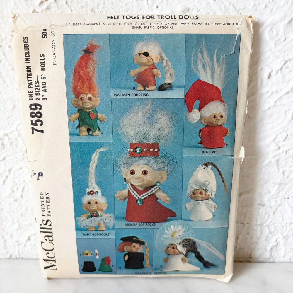 Vintage McCall's Troll Doll Felt Clothes Sewing Pattern 7589 Complete Partly Cut